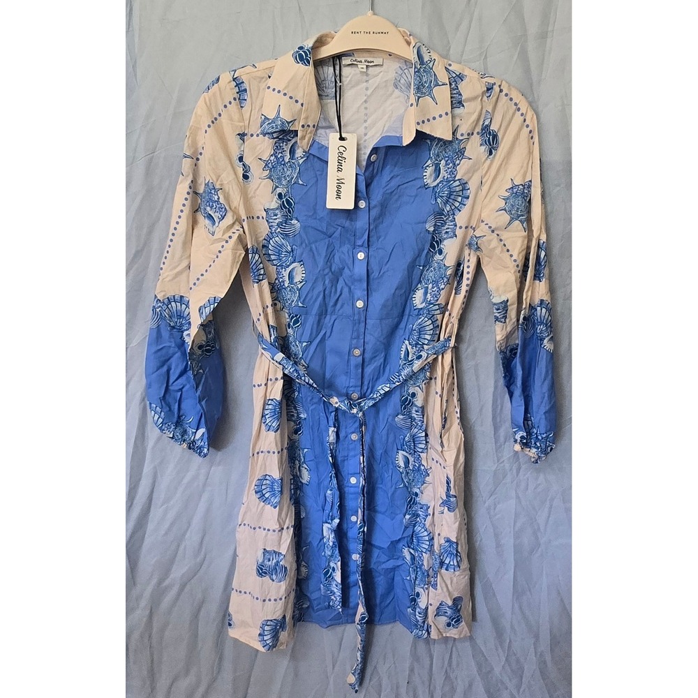 Celina Moon Blue Cream Seashell Turtle Print Cotton Mini Shirt Dress NWT Medium
